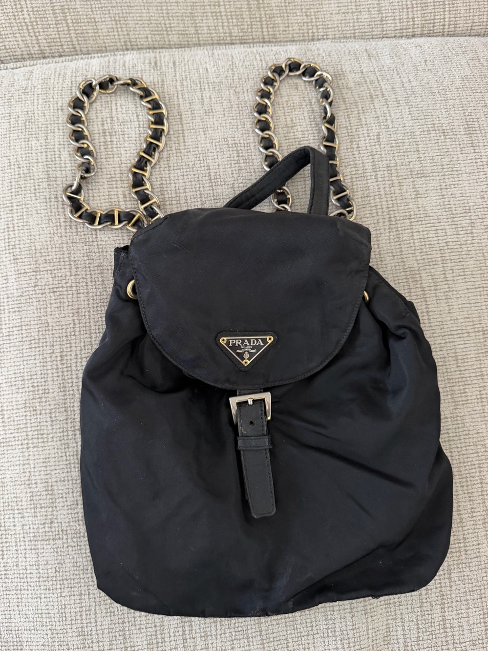 Vintage Prada Black Nylon Backpack with Gold Chain Straps